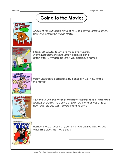 Elapsed Time: 1 Minute Increments - Movies - Elapsed Time Worksheet  (Printable PDF Worksheet)
