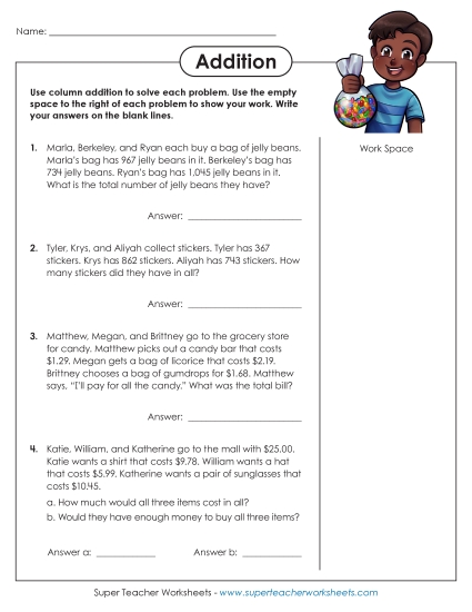 Addition with 3 or More Addends - Multiple Addends: Word Problems #2 (Printable PDF Worksheet)