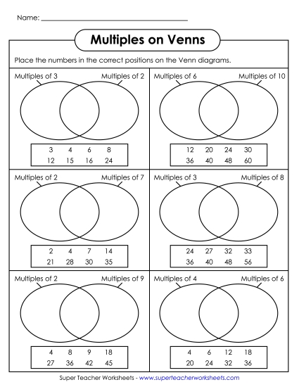 Level: Basic Grades 3-5 - Multiples on Venns (Printable PDF Worksheet)