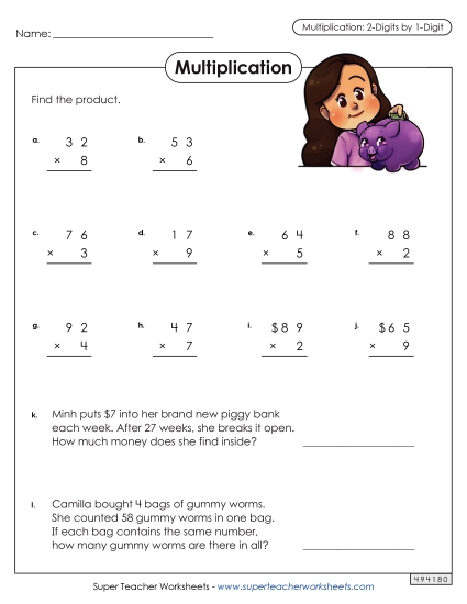 2-Digit Times 1-Digit Worksheets - Multiplication: 2-Digit by 1-Digit (Printable PDF Worksheet)