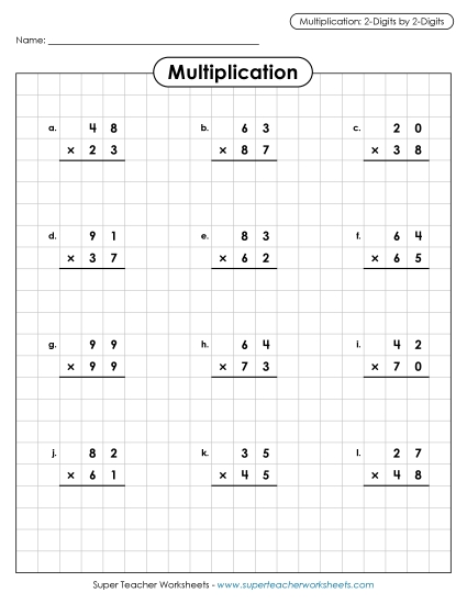 2-Digit Times 2-Digit Worksheets - Multiplication: 2-digit by 2-digit (Printable PDF Worksheet)