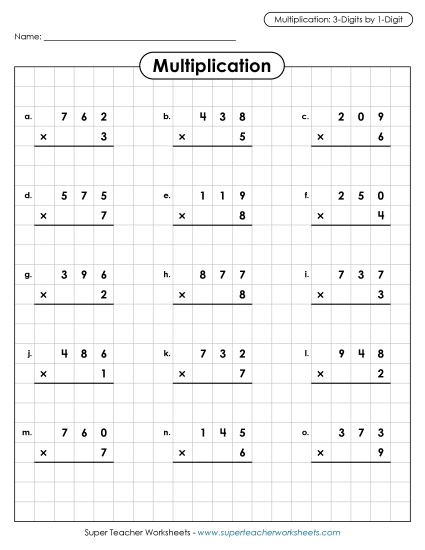 3-Digit Times 1-Digit Printables - Multiplication: 3-digit by 1-digit (Printable PDF Worksheet)