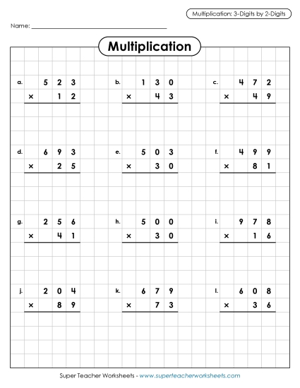 3-Digit Times 2-Digit Worksheets - Multiplication: 3-digit by 2-digit (Printable PDF Worksheet)