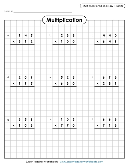 Multiplying by 3-Digit Numbers - Multiplication: 3-digit by 3-digit (Printable PDF Worksheet)