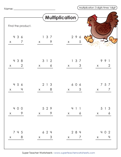 3-Digit Times 1-Digit Printables - Multiplication: 3-digit times 1-digit (Printable PDF Worksheet)