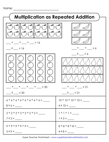 Groups as Repeated Addition - Multiplication as Repeated Addition (Printable PDF Worksheet)
