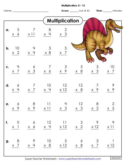 Multiplication Drills - Multiplication Basic Facts #1 Factors 0 through 12 (Printable PDF Worksheet)