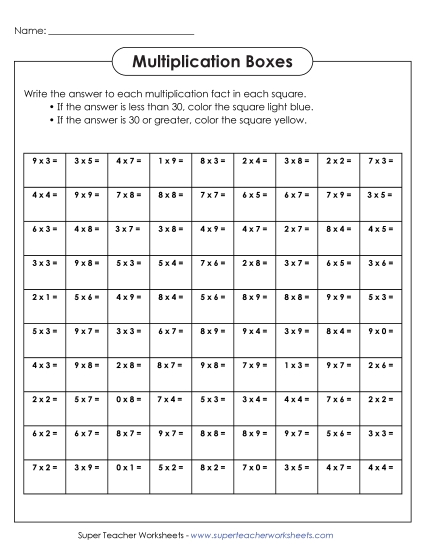 Worksheets and Games - Multiplication Boxes (Basic Facts 0-9) (Printable PDF Worksheet)