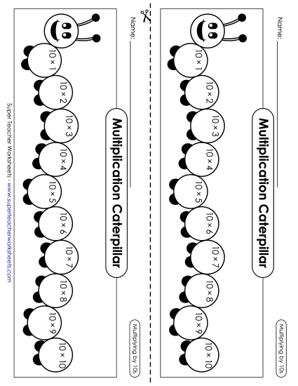 Multiply By 10s Only - Multiplication Caterpillar: Multiply by 10s (Printable PDF Worksheet)