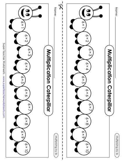 Multiplication by 6s Only - Multiplication Caterpillar: Multiply by 6s (Printable PDF Worksheet)