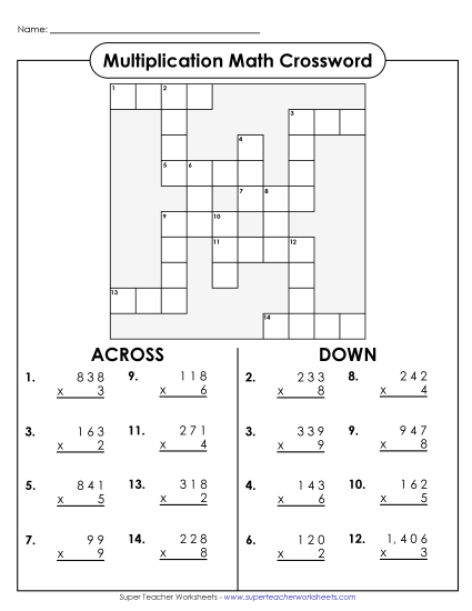 3-Digit Times 1-Digit Printables - Multiplication Crossword: 3-Digit by 1-Digit (Printable PDF Worksheet)