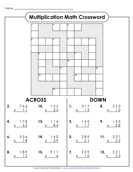 3-Digit Times 2-Digit Worksheets - Multiplication Crossword: 3-Digit by 2-Digit (Printable PDF Worksheet)