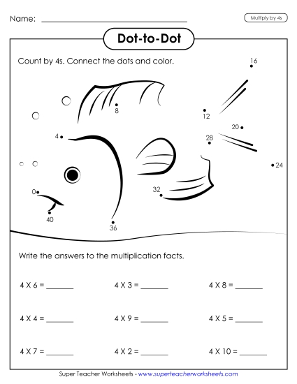 Skip Counting by 4s - Multiplication Dot-to-Dot: Fish (Printable PDF Worksheet)