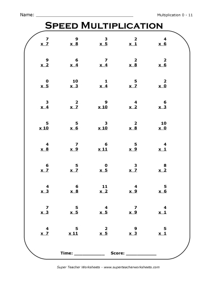 Multiplication Basic Facts Mad Minute Drills - Multiplication Drill 0 - 11 (Printable PDF Worksheet)