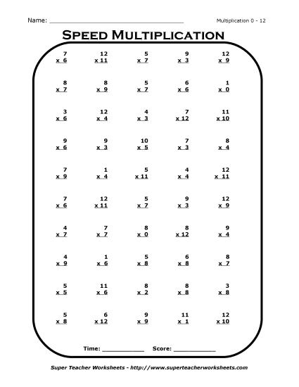 Multiplication Basic Facts Mad Minute Drills - Multiplication Drill 0 - 12 (Printable PDF Worksheet)