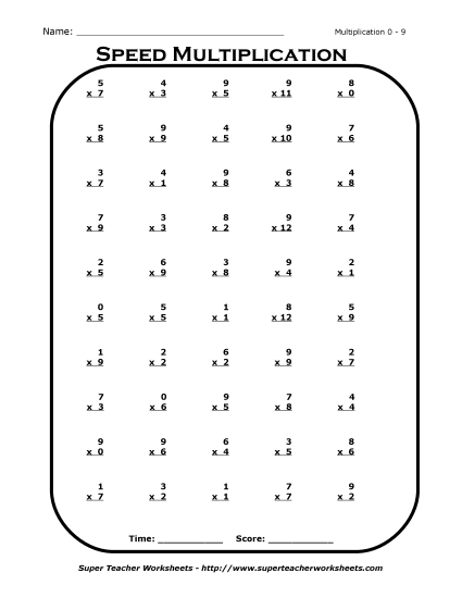 Multiplication Basic Facts Mad Minute Drills - Multiplication Drill 0 - 9 (Printable PDF Worksheet)