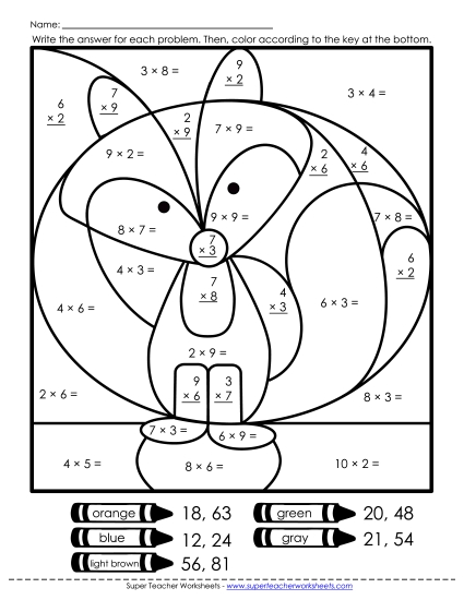 Multiplication - Multiplication: Fox (0-9) (Printable PDF Worksheet)