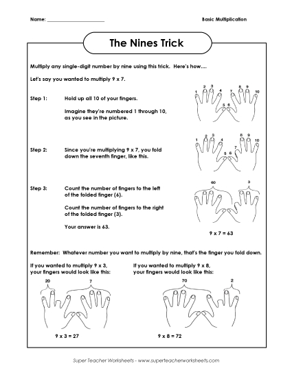 Multiplication by 9s Only - Multiplication Nines Trick (Printable PDF Worksheet)