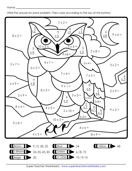 Owl Math Mystery Pictures - Multiplication Owl Mystery Picture (Printable PDF Worksheet)