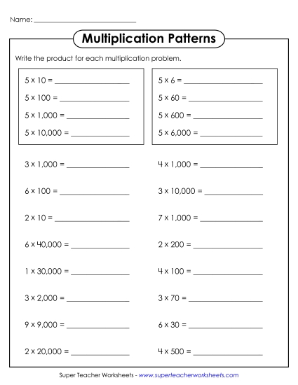 Multiplication Patterns - Multiplication Patterns (Printable PDF Worksheet)