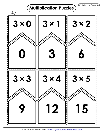 Multiplication by 4s Only - Multiplication Puzzle Match (3s and 4s Only) (Printable PDF Worksheet)