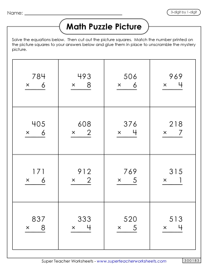 Valentine Multiplication - Multiplication Puzzle Picture: Valentine's Day (3-Digit by 1-Digit) (Printable PDF Worksheet)