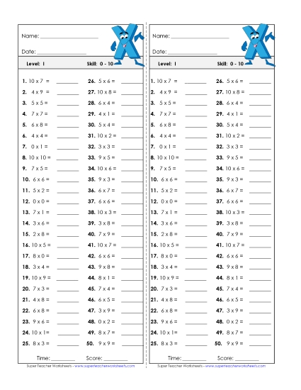 Timed Quizzes - Multiplication Timed Quiz 0 - 10 (Printable PDF Worksheet)