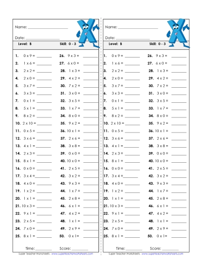 Timed Quizzes - Multiplication Timed Quiz 0 - 3 (Printable PDF Worksheet)