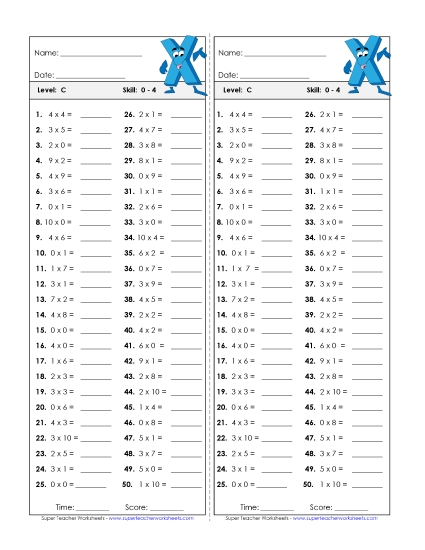 Timed Quizzes - Multiplication Timed Quiz 0 - 4 (Printable PDF Worksheet)
