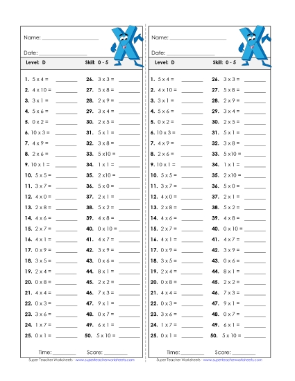 Timed Quizzes - Multiplication Timed Quiz 0 - 5 (Printable PDF Worksheet)