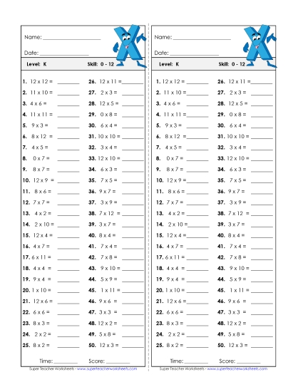 Timed Quizzes - Multiplication Timed Quiz #1 Factors 0 through 12 (Printable PDF Worksheet)