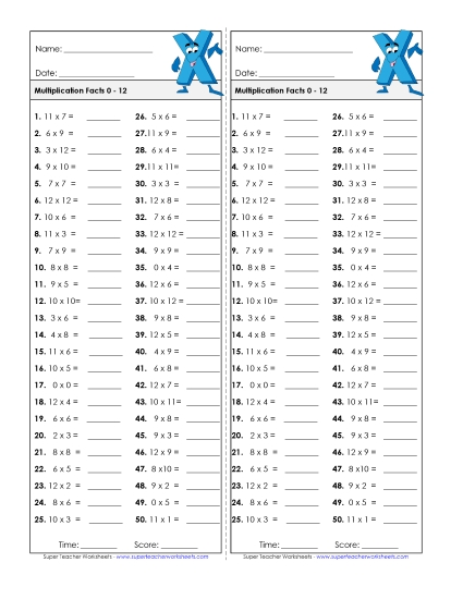 Timed Quizzes - Multiplication Timed Quiz #2 Factors 0 through 12 (Printable PDF Worksheet)