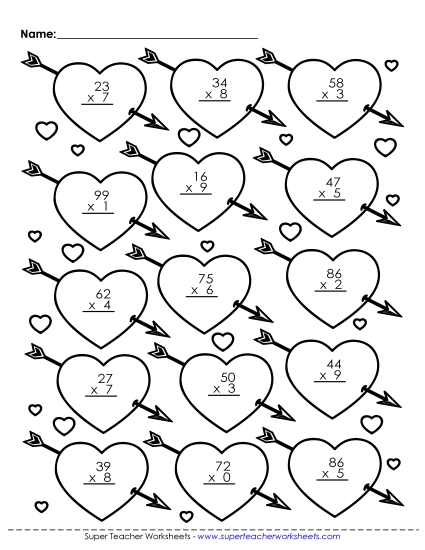 Valentine Multiplication - Multiplication: Valentine Math Picture (Printable PDF Worksheet)