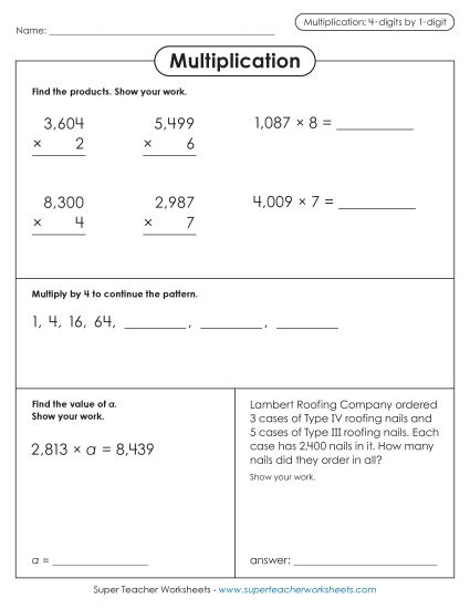4-Digit Times 1-Digit Worksheets - Multiplication Variety: 4-digit by 1-digit (Printable PDF Worksheet)