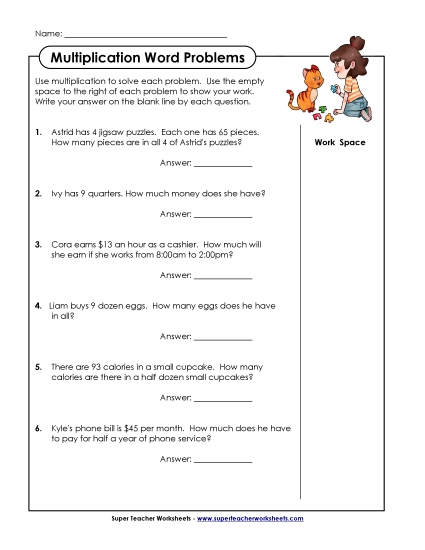 Multiplication - Multiplication Word Problems: 2-digit by 1-digit (Printable PDF Worksheet)