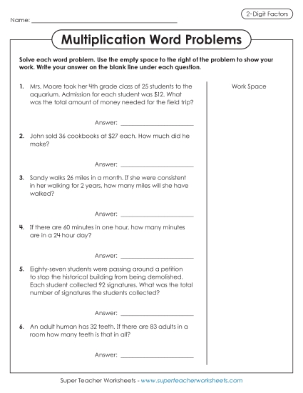 2-Digit Times 2-Digit Worksheets - Multiplication Word Problems (2 Digits by 2 Digits) (Printable PDF Worksheet)