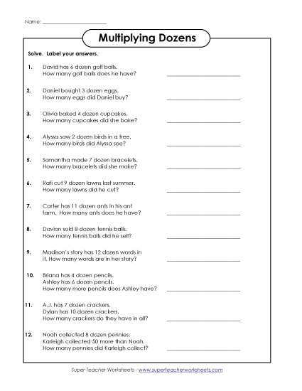 Multiplication - Multiplication Word Problems (Twelves) (Printable PDF Worksheet)