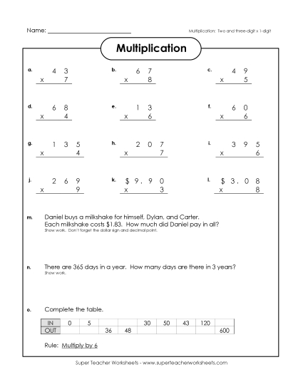 3-Digit Times 1-Digit Printables - Multiplication&nbsp; Practice (Printable PDF Worksheet)