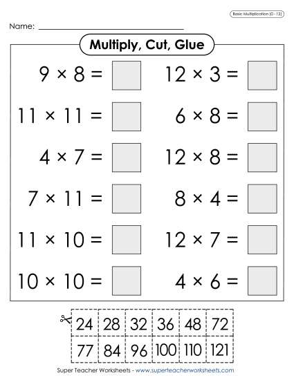 Worksheets, Games, & Task Cards - Multiply, Cut, Glue (0-12) (Printable PDF Worksheet)