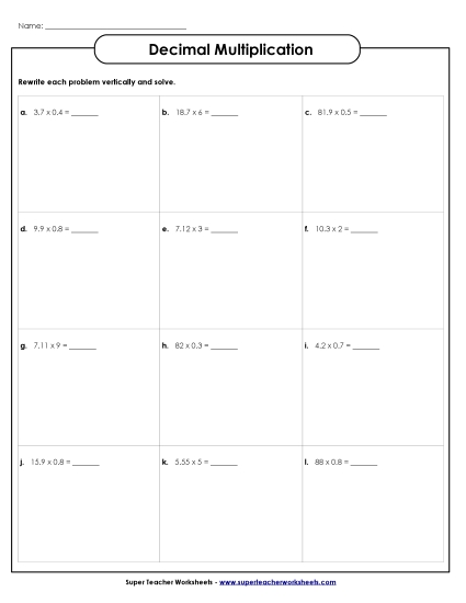 Multiplying Decimals By 1-Digit Numbers - Multiplying Decimal Numbers (Printable PDF Worksheet)