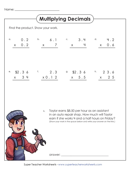 Multiplying Decimals By 2-Digit Numbers - Multiplying Decimals By 1 and 2-Digit Numbers (Printable PDF Worksheet)