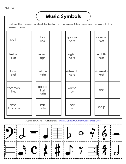 Music Notes & Symbols - Music Cut-and-Glue (Advanced) (Printable PDF Worksheet)