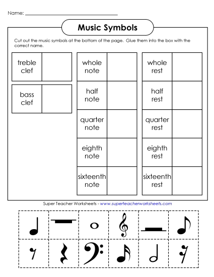 Music Notes & Symbols - Music Cut-and-Glue (Intermediate) (Printable PDF Worksheet)