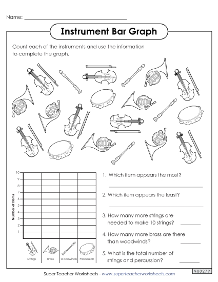 Bar Graphs (Grades 2-3) - Music Instruments (Printable PDF Worksheet)