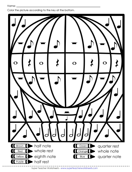 Music Notes & Symbols - Music Mystery Picture (Hot Air Balloon) (Printable PDF Worksheet)