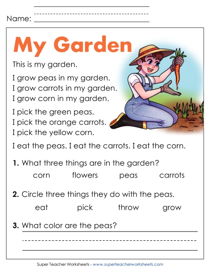 Reading Comprehension and  Additional ELA Skills - My Garden (Printable PDF Worksheet)