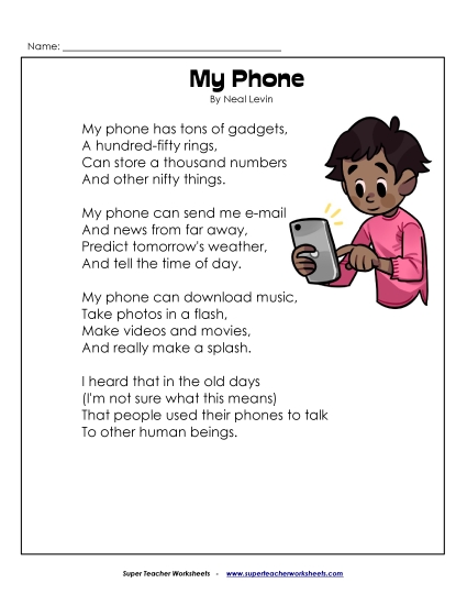3rd Grade Poems - My Phone  (Printable PDF Worksheet)