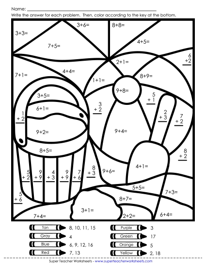 Summer Addition - Mystery Picture - Beach (Basic Addition) (Printable PDF Worksheet)