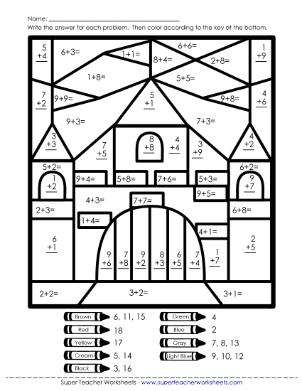 Fairy Tale Math Worksheets - Mystery Picture: Castle Basic Addition (Printable PDF Worksheet)