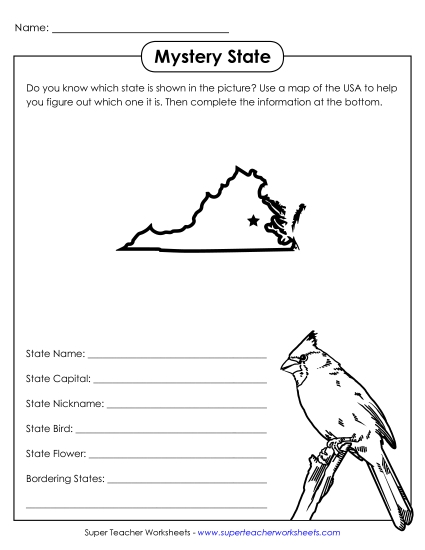 Mystery State Activities - Mystery State: Virginia (Printable PDF Worksheet)